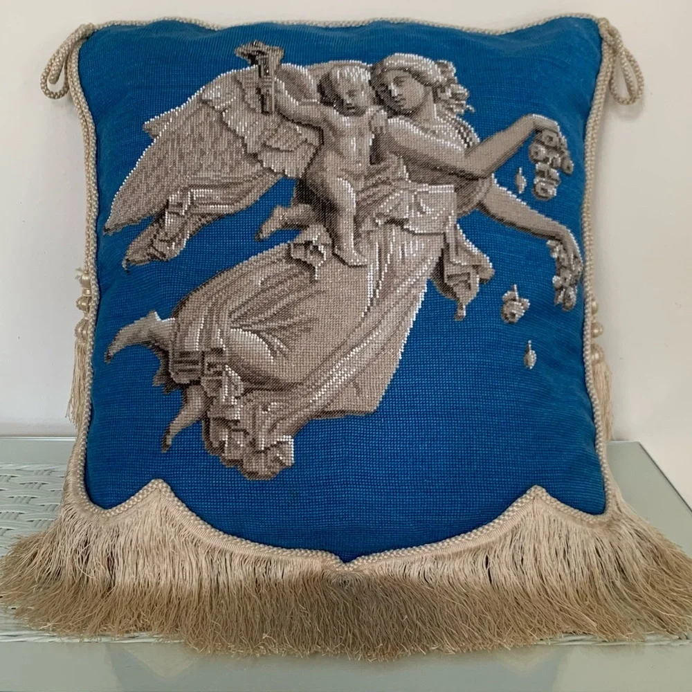 Antique Hand Beaded Angel & Cherub Decorative Throw Pillow